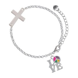 Delight Jewelry Silvertone Love with Multicolored Peace Sign - Silvertone Cross Link Bracelet, 6"+2" Extender