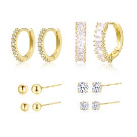 6 Pair Earring Sets for Multiple Piercing | 14K Gold Plated Studs Earrings and Hoops Set Hypoallergenic Small Hoop CZ Ball Studs Earrings for Women (Gold)