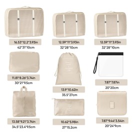 9-Piece Suitcase Organiser Set with Compression, Packing Cubes Beige with Liquid Pockets, Packing Cube Set, Travel Organiser for Suitcases, Travel Clothes Bags, Packing Cubes with Cosmetic Bag
