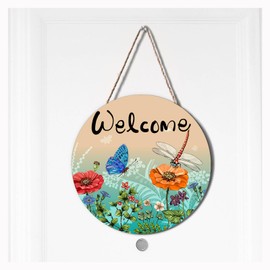 Ceutoiy Welcome Hanging Sign Front Door Decor Dragonfly, Wooden Welcome Sign Garden Butterflies Dragonflies Summer Welcome Sign Front Door Wreath Decor For Garden Yard Home Shop Bedroom