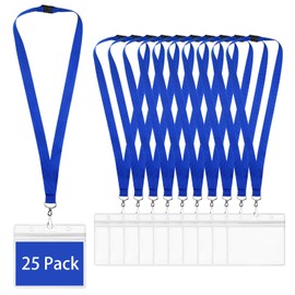 25-Pack Blue Breakaway Lanyards with Large Horizontal Waterproof Badge Holders, Polyester Neck Straps for ID Cards, Events, Office, and Schools