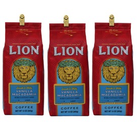 Lion Coffee, Vanilla Macadamia Flavor, Light Roast, Whole Bean, 10 Ounce Bag (Pack of Three)