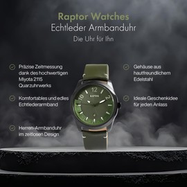 Raptor Charley RA20356 Men's Watch Leather Date Luminous Hands Analogue Quartz, Green, Strap.