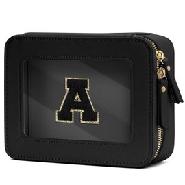 CLOUDWINGS Cosmetic Bags for Women - Initial Toiletry Bag for Girls with Zipper, Clear & Potable Makeup Bag for Travel, Cosmetic Pouch Perfect Gifts for Graduation (Black, A)