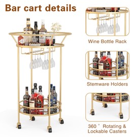 FLORA Round Black Rolling Bar Cart Wine Rack and Lockable Casters,2 Mirrored Shelves Serving Cart for Kitchen, Club, Living Room