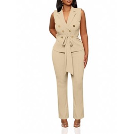 Pant Suits for Women Dressy Casual 2 Piece Sets Sleeveless Blazer Vest with Long Pants Work Outfits Office Business Khaki