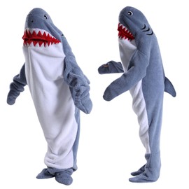 DAJASD Shark Blanket, Cozy Flannel Shark Blanket Onesie for Adults & Kids, Wearable Shark Blanket Hoodie, Shark Sleeping Bag with Hood, Cosplay Shark Costume Gift for Friends Family Shark Lovers - XXS