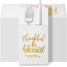 Engrowtic 100 Pack Thankful Blessed Napkins with Pocket for Silverware Thanksgiving Paper Folded Napkins Decoration for Fall Thanksgiving Tableware Decor