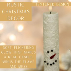 Factory Direct Craft Chunky Primitive Snowman LED Battery-Operated Taper Fit Bottom Candles with Timers Set of 2 - Christmas Candles for Holiday Displays and Decorating (11-1/4 Inches High)