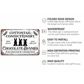 Cottontail Confectionery Chocolate Bunnies Tin Sign Easter Vintage Metal Signs Funny Rabbit Decor Signs Spring Egg Bouquet Chick Wall Art Decor For Home Farmhouse Easter Party 8x12 Inches