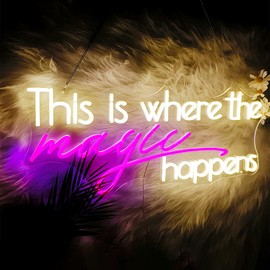 This Is Where The Magic Happens Neon Sign Large, 25.6x10.4 Inch This Is Where The Magic Happens Signs with Remote Dimmer, Neon Lights for Bedroom Wedding, Christmas Party Decor, Warm White-Hot Pink