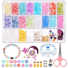 Swpeet 627Pcs 18 Colors 8mm Transparent Color Glass Beads Bracelet Making Kit Includes Acrylic Glass Beads, Pendant, Spacer Beads, Scissors, Elastic Strings Cord for DIY Beading Necklace