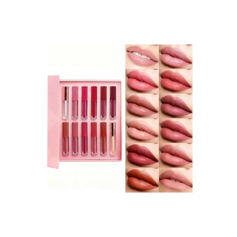 Labial Mate 12 piezas, Brillo de Labios Indelebles de Larga