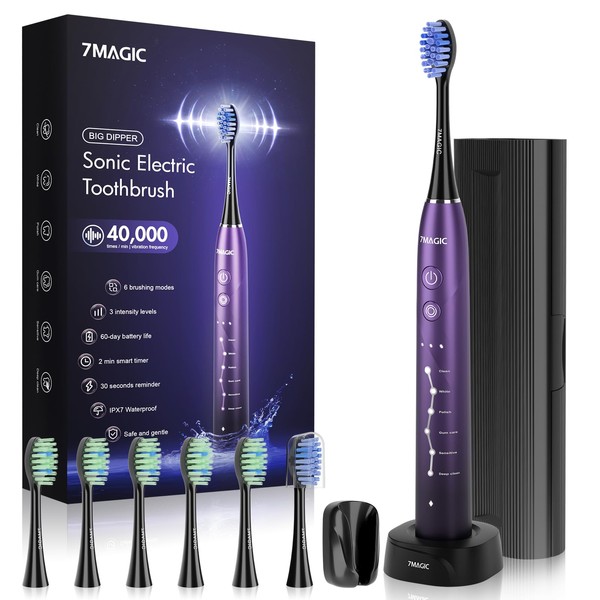 Electric Toothbrush for Adults, Sonic Toothbrush with 6 Mode & 3 Intensity, 40000 VPM Deep Clean Toothbrush with 6 Brush Heads & Travel Case, Wireless Charging, 60 Days Battery Life, 2-Min Smart Timer