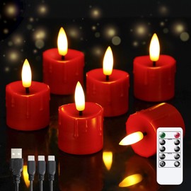 Yeelida Rechargeable Flameless 1.6" x2.5" Tea Light Candles with Remote & Type-C Charging Cable, Timer LED Flickering Burgundy Plastic 6pcs Mini Dripping Wax Votive Tealight Candles