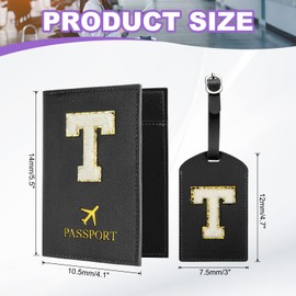 PATIKIL Passport Holder for Travel, Initial Passport Cover and Luggage Tag Set with Alphabet Chenille Letter Patch Travel Wallet Bag Suitcase Identifier for Women Family Travel Black T