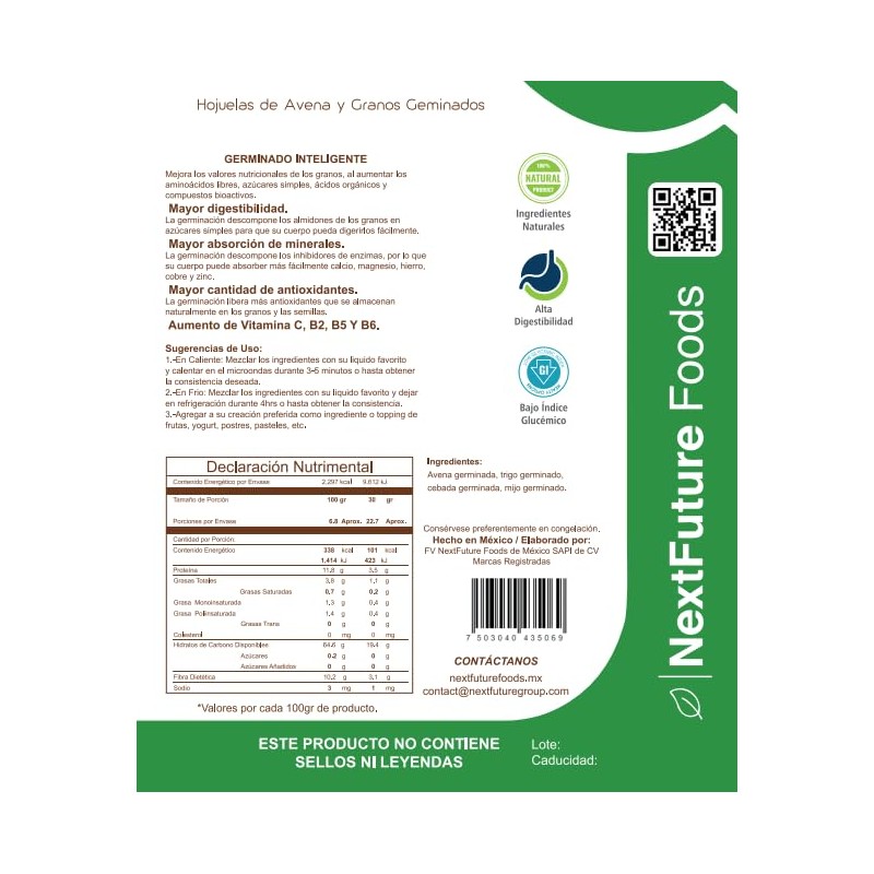 Avena Germinada con Granos iQ 200: Avena-Trigo-Cebada-Mijo Germinados I 454gr
