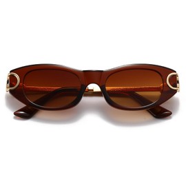 ADE WU Retro Oval Sunglasses 90s Designer Inspired Oval Frame Sun Glasses with Gold Metal Link (Brown)