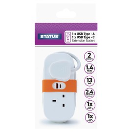 STATUS Travel Extension Socket with 2 UK Plug Sockets, 2 USB Ports (Type A & Type C) | 1.4 Metre Extension Lead | Ideal for Travel