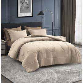 Maple&Stone Queen Size Comforter Set 7 Pieces Bed in a Bag - Down Alternative Bed Set with Sheets, Pillowcases & Shams, Soft Reversible Duvet Insert for Queen Bed, Beige