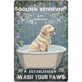 Zomyto Wash Your Paws Golden Retriever Tin Sign, Bathroom Decor, Dog, Bath, Bath Art, Bath Tub, Retro Style, Wall Art Decoration, Farmhouse Decoration, New Home Gift 12 x 8 in