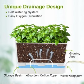 Oliz 10 Inch Self Watering Planters for Indoor Plants: 4 Packs Rectangular Plant Pots with with Drainage and Tray, Window Pot Self Watering Planter for Herb, Houseplants