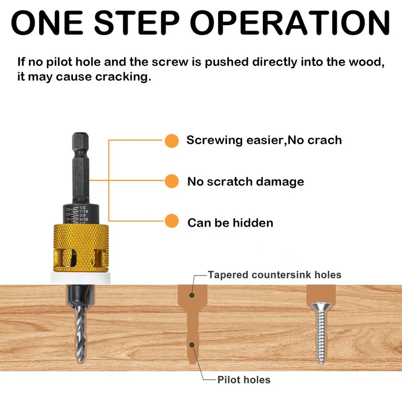 Countersink Drill Bit Set with Replaceable HSS Pilot Drill Bit,