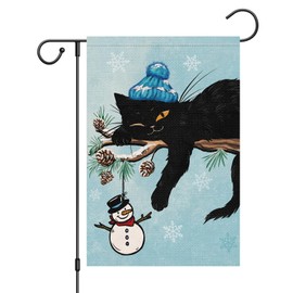 Louise Maelys Welcome Winter Garden Flag 12x18 Double Sided, Burlap Small Snow Black Cat Garden Yard House Flags for Winter Outside Outdoor Decoration (ONLY FLAG)