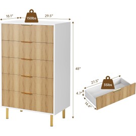 IDEALHOUSE Natural Dresser, Modern 5 Drawer Dresser for Bedroom with Gold Handle and Large Drawer, Wood Double Chest of Drawers and Storage Organizer for Living Room, Hallway, Entryway