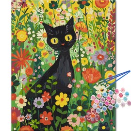 TOCARE Black Cat Paint by Numbers Kit for Adults, Flower Kitty Adult Paint by Number Canvas,Acrylic Adults' Paint-by-Number Kits Cat for Home Wall Decor 16x20inch