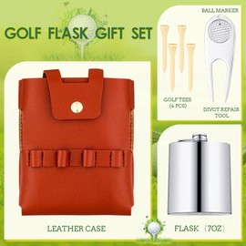 Golf Flask Gift Set 7 oz Stainless Steel Golf Flask with Leather Case Golf Accessories for Men and Women Includes Drinking Flasks Divot Tool Ball Marker and 4 Golfer Tees (Brown)