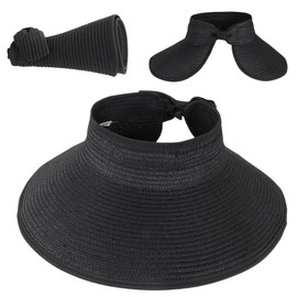 Women Straw Sun Visor Hat - UV Protection Wide Brim Roll Up Summer Hat Foldable Outdoor Beige