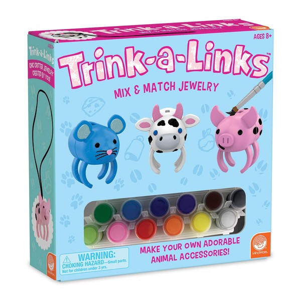 MindWare Trink-a-Links Cute Critters Make Your own Jewelry – Cute & usable DIY Crafts for Girls & Teens – Paint Mix & Match Animal-Themed Accessories – 3 Farm Rings & Necklace Charms