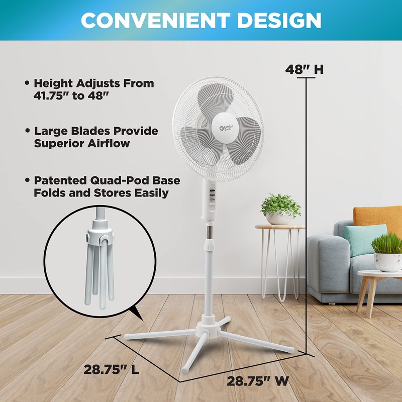 Comfort Zone Stand Fan, 16 inch Pedestal Fan for Bedroom,