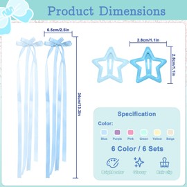Roucerlin 36 Pieces Double Bow & Star Hair Clips, Star Clips, Ribbon Bows for Hair, Long Tassel Bowknot and Metal Snap Barrettes for Girls Women Teens Braids Accessories (6 Color)
