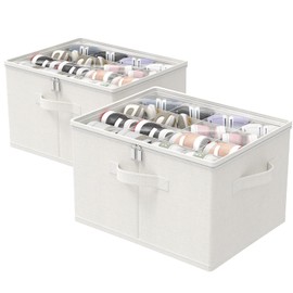 GUOHNHE Shoe Storage Bins, 2 Pack Closet Organizers System with Clear Cover and Reinforced Handles, Fits 16-32 Pairs, Foldable Clothes Basket, 21 x 16.5 x 13 In, White & Ivory, XSNX01WL-2