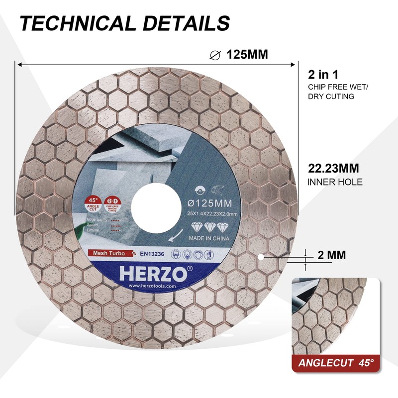 HERZO Diamond Cutting Disc 125 mm, Double-Sided for Cutting and