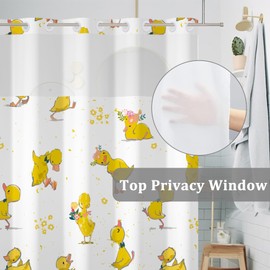 Baocicco No Hook Cartoon Baby Duck Shower Curtain with Snap in Liner Lovely Yellow Baby Duck Decorative Double Layers with See Through Mesh Top Window Hotel Shower Curtain and Liner Set 71x74 Inch