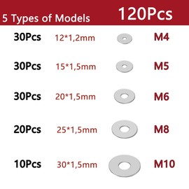 Unterlegscheiben-Set aus Edelstahl 304 – inklusive Größen M4, M5, M6, M8, M10-120 hochwertige Unterlegscheiben, korrosionsbeständig, ideal für mechanische und DIY-Projekte
