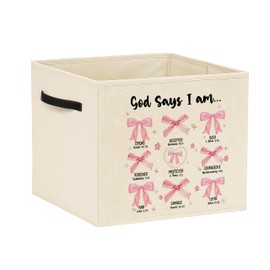 Briblaze Coquette Pink Bow Christian Storage Bins, Coquette Pink Bow Bible Verse God Say I Am Collapsible Baskets Organizer for Living Room Girls Bedroom Clothes Toys Books, Toybox for Girls Room
