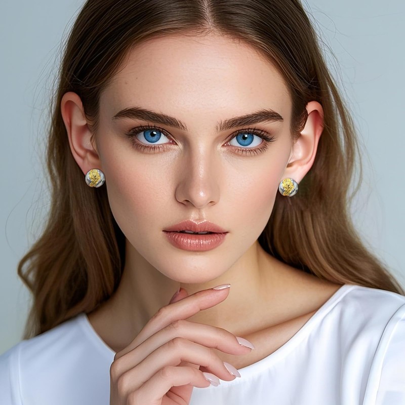 Two-Tone Statement Stud Earrings, Silver and Gold Circle Design, Modern