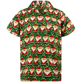 KING KAMEHA Mens Fun Hawaiian Christmas-Print-Shirts Short-Sleeve Casual Button-Down Shirts, Santa-Allover, Green, M