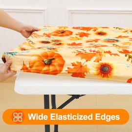 Smiry Plastic Thanksgiving Tablecloth, Sunflower & Pumpkin Waterproof Elastic Fitted Table Covers for 6 Foot Tables, Wipeable Flannel Backed Vinyl Tablecloths for Autumn Harvest (Gold, 30x72 Inches)