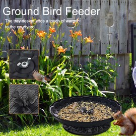 Ground Platform Bird Feeder Tray,11” Metal Large Standing Bird Feeder Mesh Seed Tray，for Outdoor Garden (Black-1 Pack)