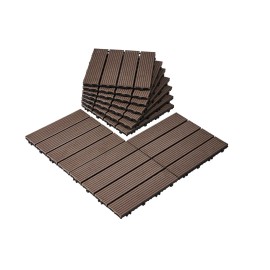 10 Pack Dark Brown Interlocking Deck Tiles 12"x12" Plastic Wood 10 Sq. ft Waterproof Outdoor Flooring All Weather Patio FloorQuantity: 10 pcs, Color: Dark Brown - WPC Color