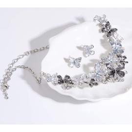 Women's Bib Chunky Jewelry Set - Elegant Vintage Hawaii Glitter Grey Butterfly CZ Cluster Bohemian Boho Statement Necklace Earring Set Crystal Rhinestone Fashion Costume Jewelry for Party Prom
