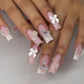 24Pcs Press on Nails Long Coffin Square,French Tip Fake Nails Long with Nude Pink White 3D Bow Flower Designs Full Cover Glossy Glue on Nails Thick Acrylic False Nails Long Coffin Square Cute Stick on Nails for Women Girls XA-81-69