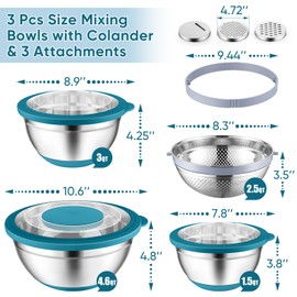 P&P CHEF Mixing Bowls with Lids Set of 3, 3 Pcs Stainless Steel Nesting Salad Bowls and Colander for Kitchen, 3 Grater Attachments & Non-Slip Bottoms, Visible & Airtight Lid, Blue