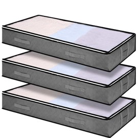Pack of 3 90L Storage Bag, Under Bed Storage Box with Lid, Foldable Clothes Storage Bag, Storage Box with Zip and Handle, Grey
