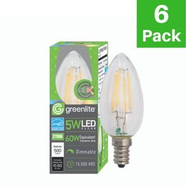 LED B11 5W Torpedo Filament Chandelier Light Bulb, 60W Equivalent, 500 Lumens, 2700K Soft White, Dimmable, 120V, E12 Candelabra Base, Energy Star, Clear (6 Pack)